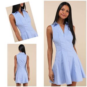 Lulus Zenley Dress Women's L Blue Striped Mini Skater Collared NWOT